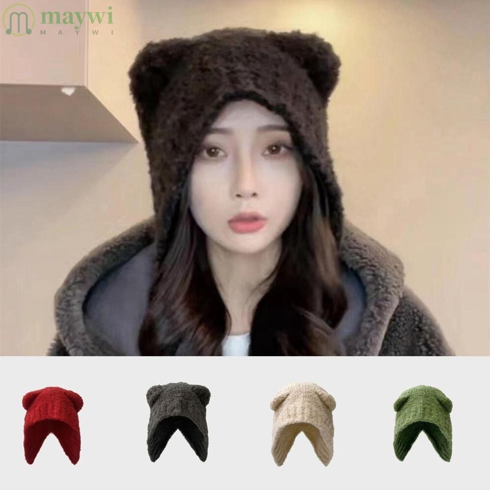 Maywi หมวกถัก หมวกแฟชั่น หูหมี ฤดูใบไม้ร่วง ฤดูหนาว หมวกกันหนาว