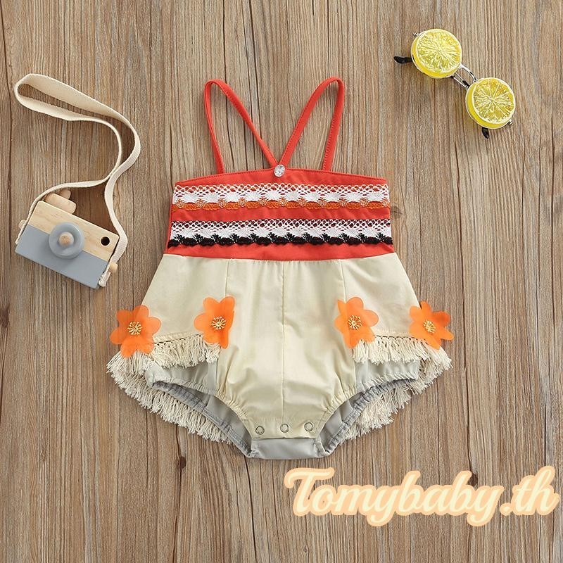 Tomybaby ชุดจั๊มสูทรอมเปอร์ แขนกุด เปิดไหล่ ลายดอกไม้ สีแอปริคอท แฟชั่นฤดูร้อน สําหรับเด็กผู้หญิง