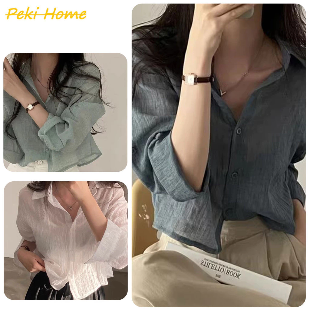 เสื้อเชิ้ตแขนยาว คอโปโล ทรงหลวม แบบบางชิคๆ สไตล์เกาหลี