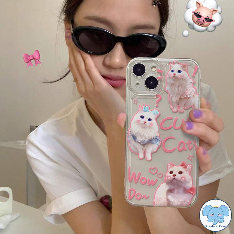 แฟชั่นแมวสีขาวน่ารักสีชมพูรัก Graffiti ตัวอักษรกรณีโปร่งใส iPhone 11 15 XR 7 8 Plus 11 14 13 12 Pro Max X XS Max SE