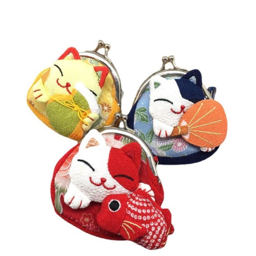 Aubrey1 Maneki Neko กระเป๋าใส่เหรียญ,สไตล์ญี่ปุ่นดอกไม้พิมพ์ Lucky Cat กระเป๋าคลัทช์,แบบพกพาตุ๊กตา PU กระเป๋าสตางค์ผู้ถือบัตรผู้ชาย
