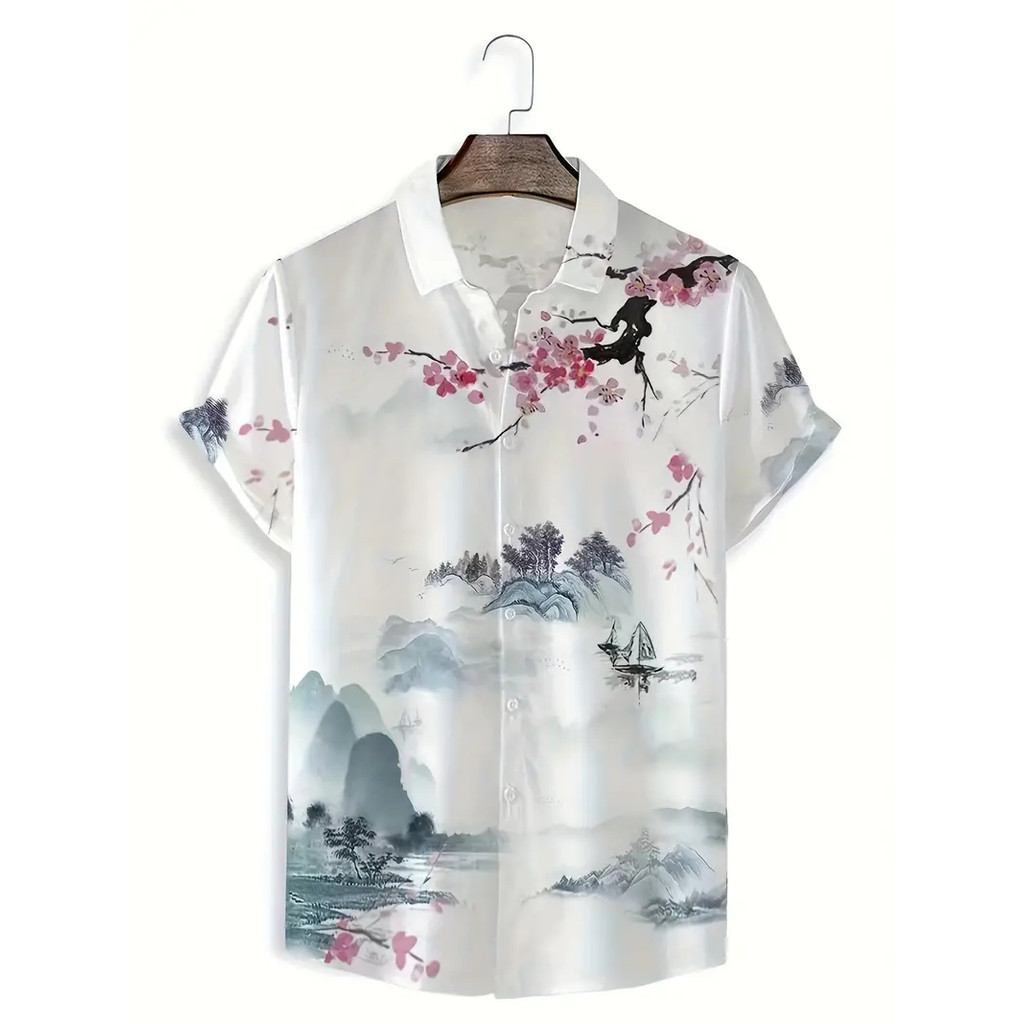 เสื้อเชิ้ตแขนสั้น พิมพ์ลายภูมิทัศน์ สวมใส่สบาย แฟชั่นฤดูร้อน สไตล์ฮาวาย พลัสไซซ์ สําหรับผู้ชาย 2024