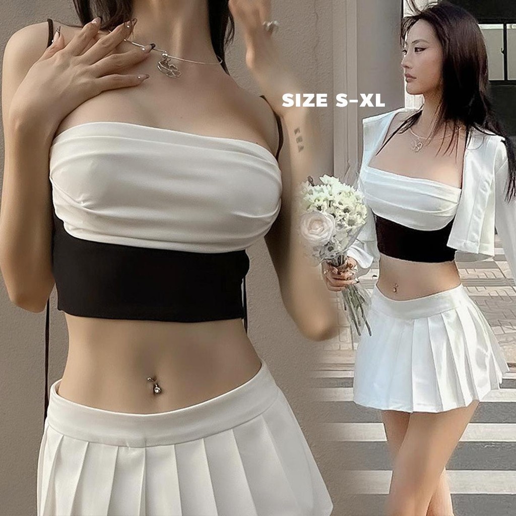 MIMI&DIDI.เสื้อครอป สายเดี่ยว เปิดหลังเซ็กซี่ เข้ารูป สีตัดกัน สไตล์สตรีท สําหรับผู้หญิง S-XL#2632