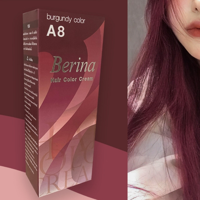 Hot เบอริน่า A8 สีแดงประกายม่วง สีผม สีย้อมผม เปลี่ยนสีผม ครีมย้อมผม  Berina A8 Burgundy Hair Color 