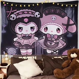ผ้าพื้นหลังซีรีส์การรักษา Kuromi Sanrio KUROMI ผ้าแขวน น่ารัก ตกแต่งผนังหัวใจสาวๆ ผ้าผนังห้อง
