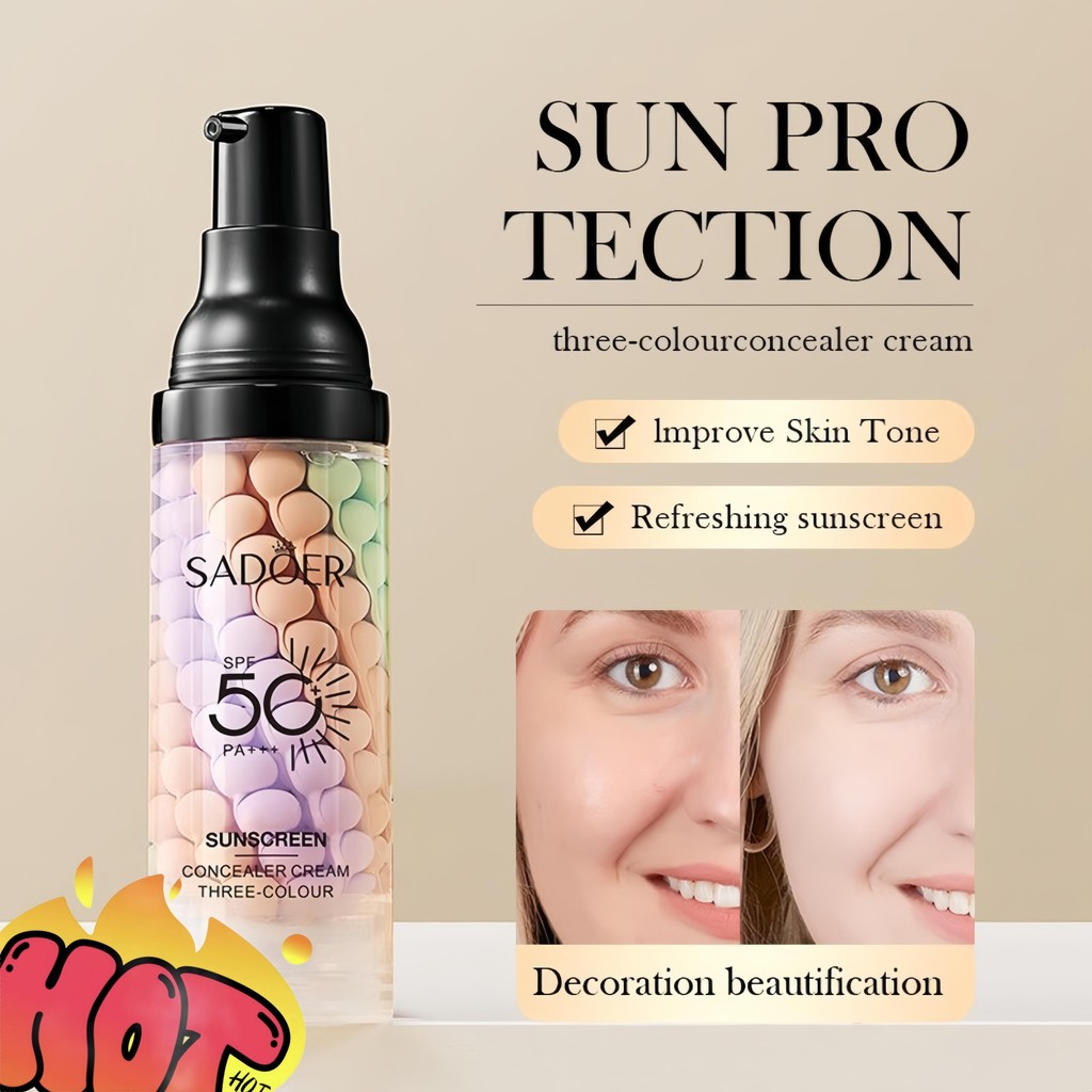 SADOERครีมกันแดด 50SPF ไพรเมอร์แต่งหน้า Sadoer ไพรเมอร์แต่งหน้าสามสี ครีมกันแดดไอโซเลชั่น