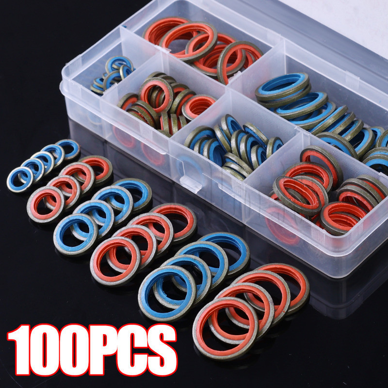 ชุดแหวนซีลซิลิโคน 100 ชิ้น/กล่อง - อุปกรณ์เปลี่ยนได้รถยนต์ - M6/M8/M10/M12/M14/M16 ชุดปะเก็นปิดผนึก - ซีลโลหะยาง O-Ring Bonded Washer - ปะเก็นปลั๊กท่อระบายน้ําน้ํามันรถยนต์