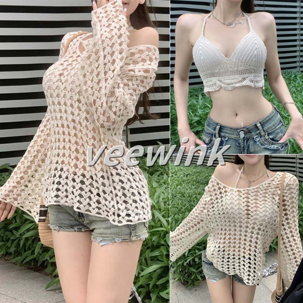 Veewink Songkran เสื้อถักตาข่าย Summer style เซ็กซี่ สีขาว แฟชั่นฤดูร้อน ใส่คลุมสายเดี่ยวได้ เสื้อคลุม เสื้อตาข่าย