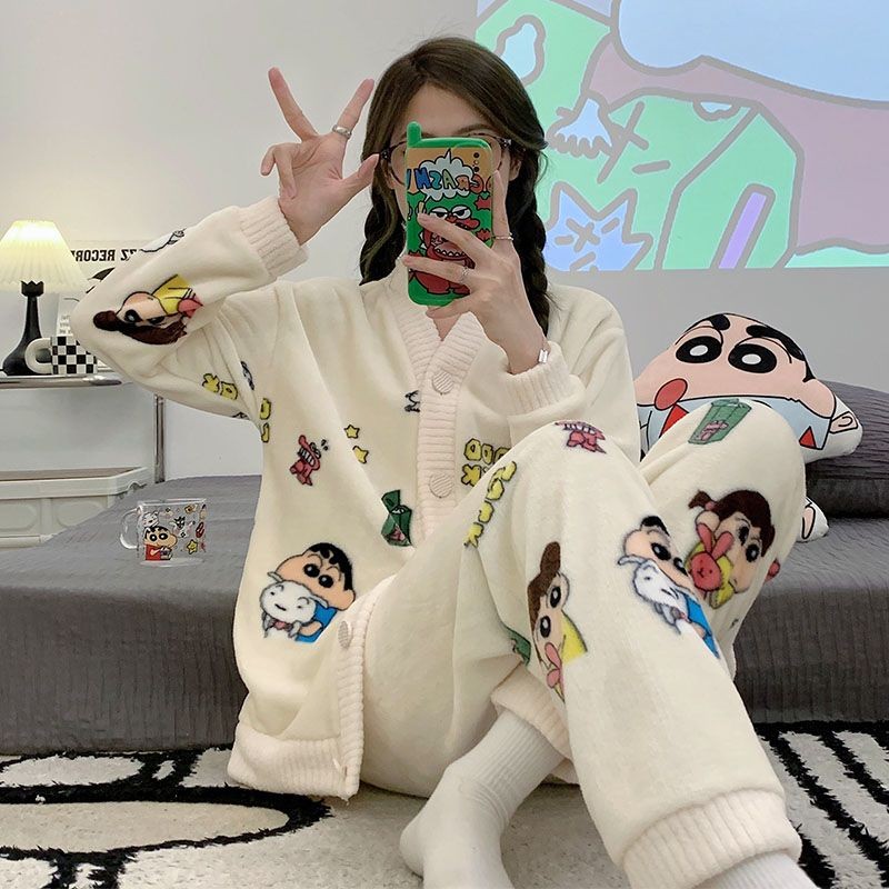 [JTZ] ชุดนอนกางเกงขายาวแขนยาวขนแกะปะการังอุ่นเครยอนชินจัง