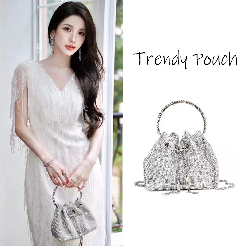 TRENDY POUCH กระเป๋าเพชรแฟชั่น ทรงถัง พับได้ พร้อมเชือกรูด สายสะพายสำหรับผู้หญิง
