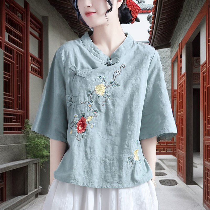 Cheongsam ดอกไม้เสื้อผู้หญิง Plus ขนาด Hanfu Ironless ผ้าลินินเย็บปักถักร้อยสไตล์จีน Elegant สุภาพสตรี Top