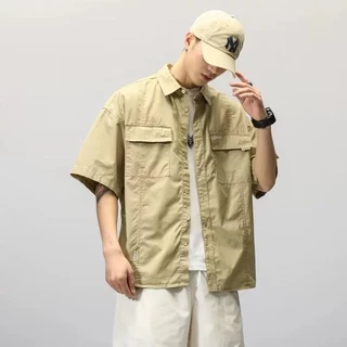 MNO.9 Shirt616 เสื้อเชิ้ตผู้ชาย คอปก เสื้อคลุมแขนสั้น มีกระเป๋าหน้า ปักป้ายกระเป๋าและข้างลำตัว ลำลอง วินเทจ Man Clothing