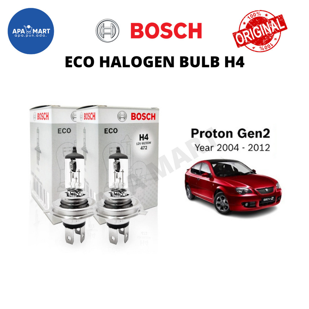 Bosch Eco H4 หลอดไฟหน้าฮาโลเจน 12V 60/55W H4 หลอดไฟสําหรับ Proton Gen2 (2004-2012) Lampu Mentol Depa