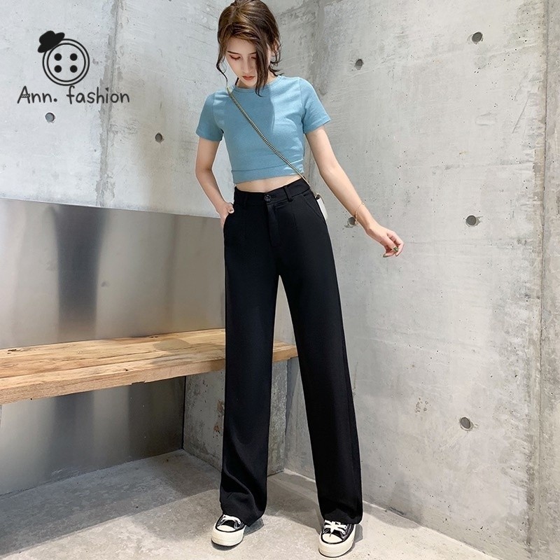 Ann.Fashion กางเกงผ้ายืดขากระบอก เอวสม็อคยางยืด กางเกงขายาวเนื้อผ้านิ่ม กางเกงใส่ทำงานสีดำ #1045