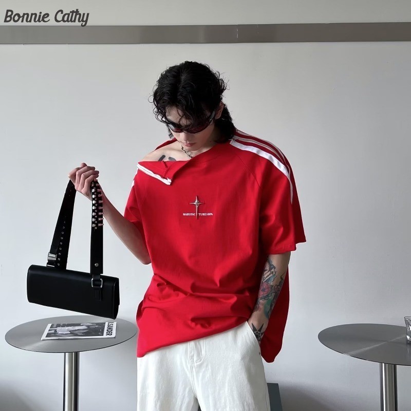เสื้อยืดแขนสั้น ทรงหลวม แต่งซิปโลหะ ขนาดเล็ก ลาย Bonnie Cathy แฟชั่นคู่รัก สไตล์อเมริกัน สําหรับผู้หญิง