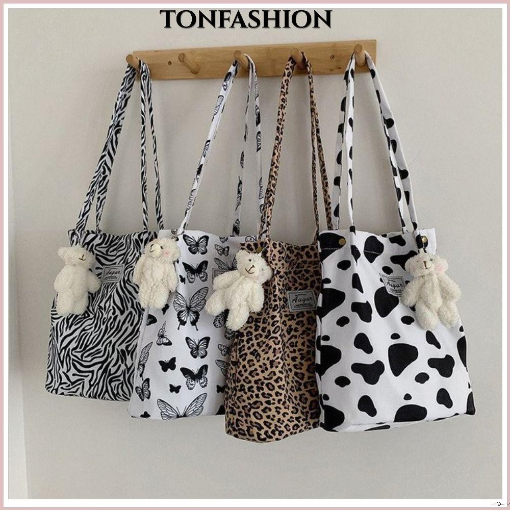 Tonfashion กระเป๋าถือ กระเป๋าสะพายไหล่ ผ้าไนล่อน พิมพ์ลายเสือดาว ผีเสื้อ วัว สําหรับผู้หญิง