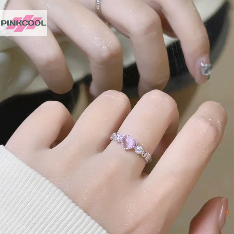 Pinkcool แหวนเงิน รูปหัวใจ โอปอล สีชมพู สไตล์วินเทจ พังก์ น่ารัก เครื่องประดับ สําหรับผู้หญิง ขายดี