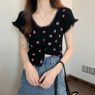 ถักแขนสั้นเสื้อยืดผู้หญิงฤดูร้อนรูปแบบใหม่การออกแบบความรู้สึกดอกไม้เล็กๆ bm Navel-Exposed Hot Girl Simple All-Match สั้น ins