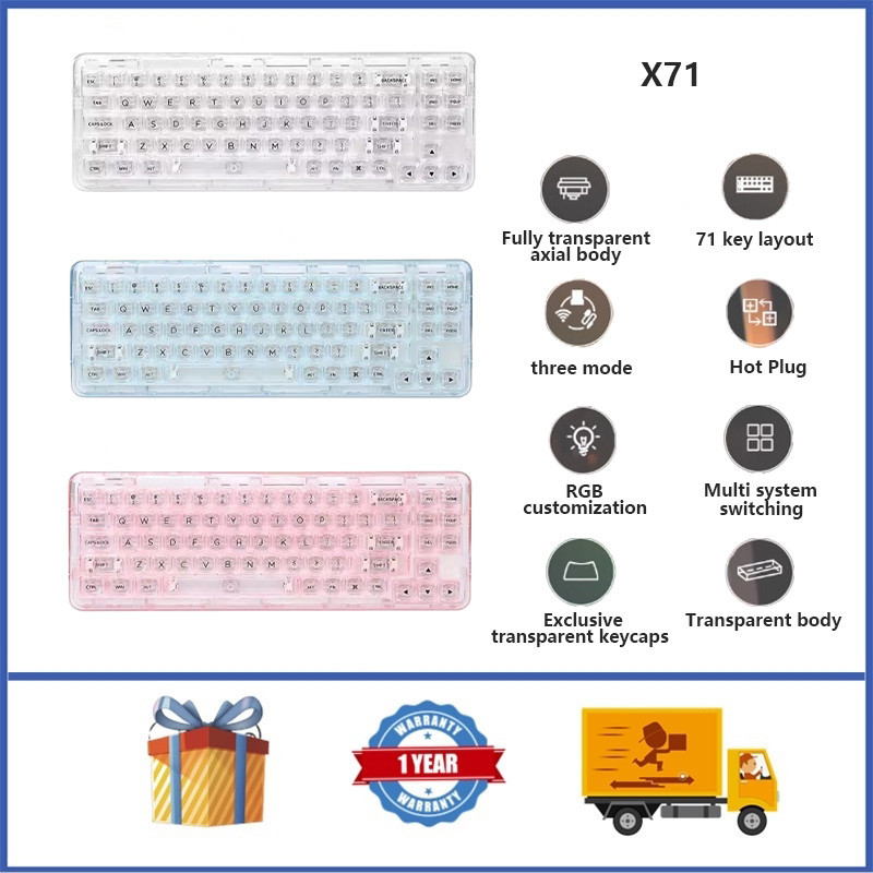 Yunzii X71 คีย์บอร์ดเมคคานิคอลไร้สาย RGB สีโปร่งใส