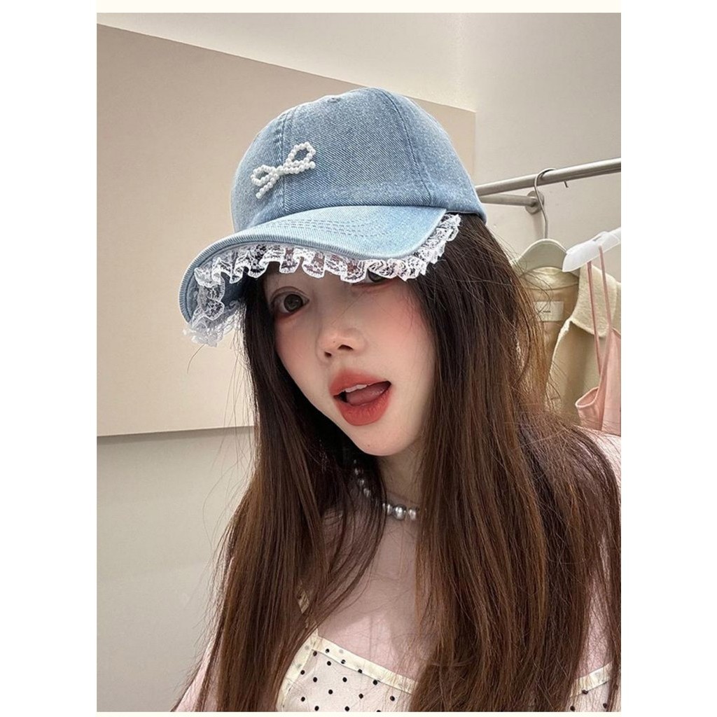 หมวกเบสบอล ผ้ายีน แต่งลูกไม้ ขนาดเล็ก เข้ากับทุกการแต่งกาย แฟชั่นฤดูใบไม้ผลิ และฤดูร้อน สไตล์เกาหลีใต้ สําหรับผู้หญิง