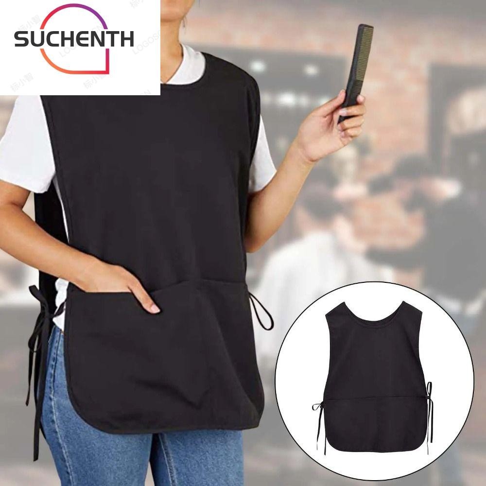 Suchenth เสื้อคลุมทําผม สีดํา พร้อมกระเป๋า เสื้อกั๊ก ผ้ากันเปื้อน ช่างทําผม กันน้ํา ล้างทําความสะอาดได้ คุณภาพสูง