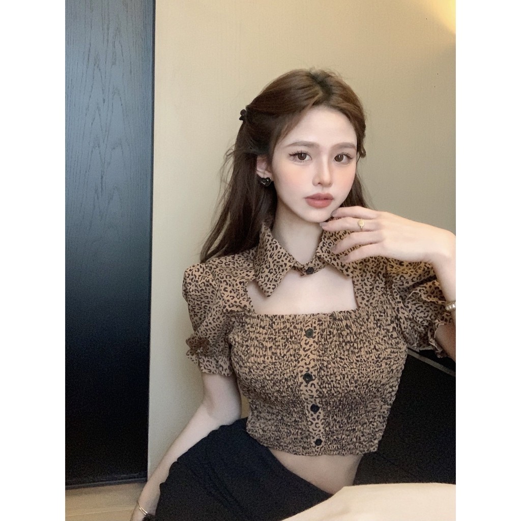 เสื้อเชิ้ตแขนสั้น คอปกโปโล พิมพ์ลายเสือดาว สุดชิค แฟชั่นฤดูร้อน สําหรับผู้หญิง 2024