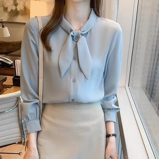 จัดส่งจากประเทศไทย เสื้อเชิ้ตเกาหลีหญิงสีฟ้า สวยๆ ผูกโบว์