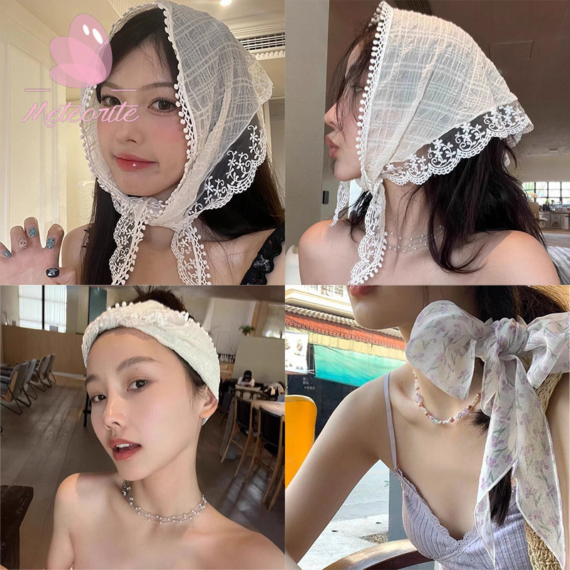 ผ้าโพกหัว ผ้าพันคอ ทรงสามเหลี่ยม พิมพ์ลายลูกไม้ ทรงสามเหลี่ยม สไตล์เกาหลี โลลิต้า ฤดูร้อน สําหรับผู้หญิง