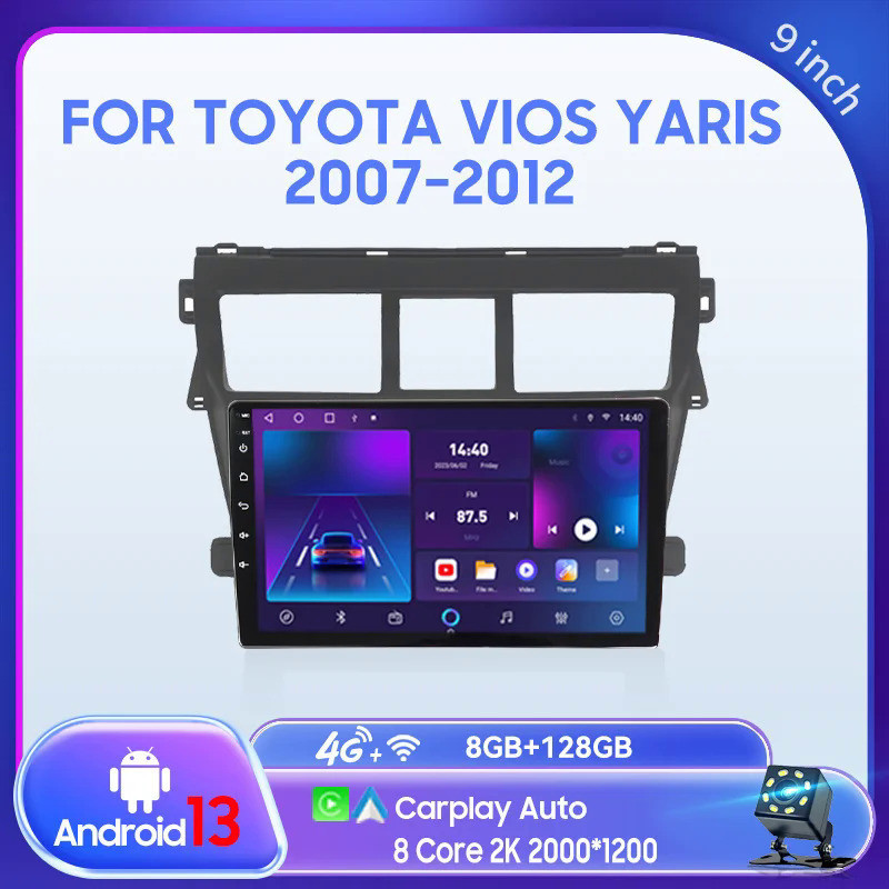 เครื่องเล่นมัลติมีเดีย วิทยุรถยนต์ GPS นําทาง 4G 2 din Android 13.0 สําหรับ Toyota Vios Yaris 2007-2012