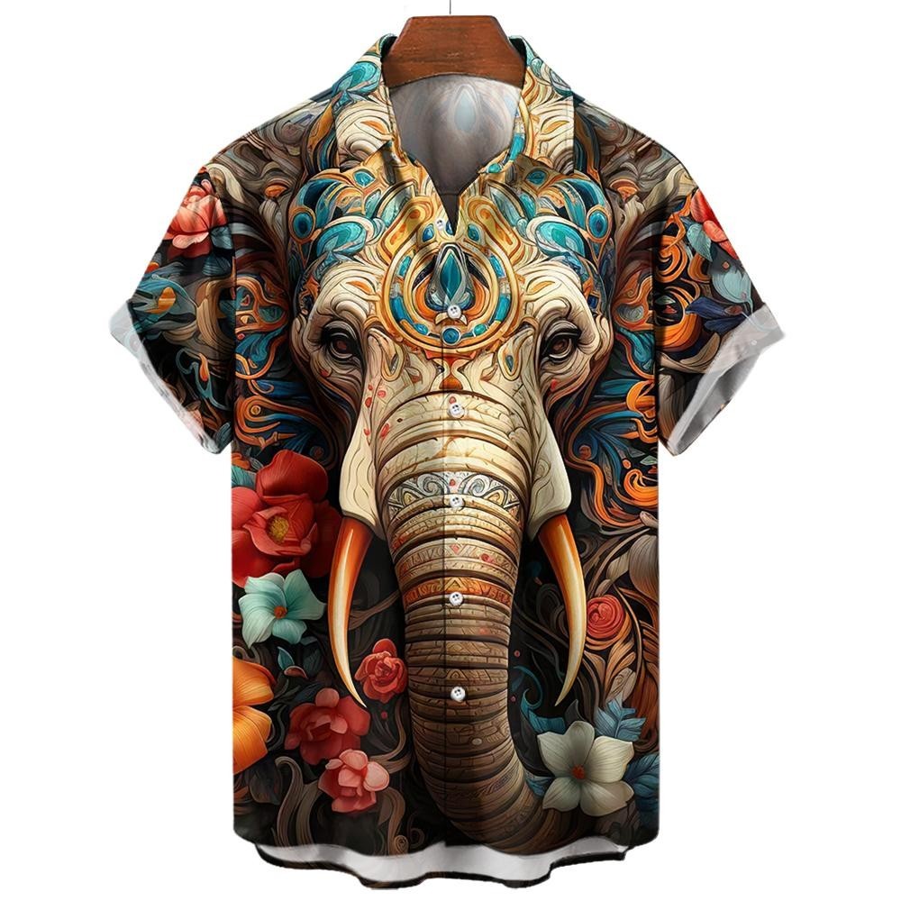 เสื้อเชิ้ตฮาวาย แขนสั้น พิมพ์ลายช้าง 3 มิติ ติดกระดุม สไตล์สตรีท แฟชั่นฤดูร้อน 2024