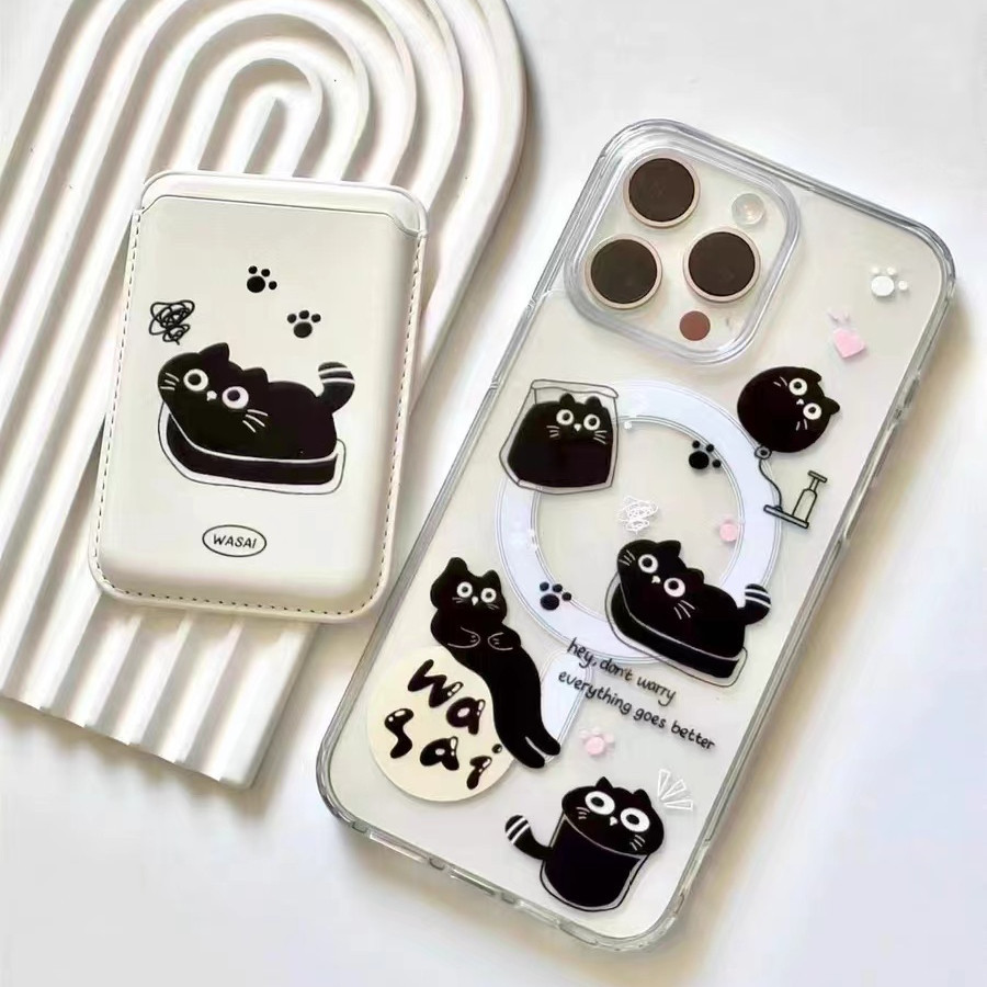เคสโทรศัพท์มือถือ กันกระแทก ลายแมวดําน่ารัก พร้อมกระเป๋าสตางค์ สําหรับ Iphone X XR XSMAX 14Plus 15plus 11 11promax 12 13 15 pro max 14promax