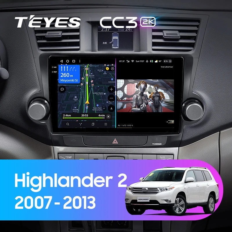 Teyes เครื่องเล่นมัลติมีเดีย วิทยุ CC3 2K GPS Android 10 No 2din 2 din dvd สําหรับ Toyota Highlander 2 XU40 2007-2013