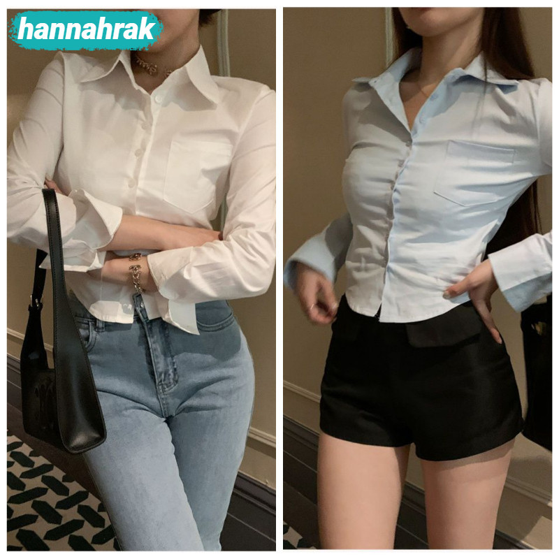 (ส่งจากกรุงเทพฯ)เสื้อเชิ้ตผู้หญิงสีขาวเซ็กซี่โชว์หุ่นจั๊มเอว เสื้อผ้าทำงานแขนยาวทรงสั้น
