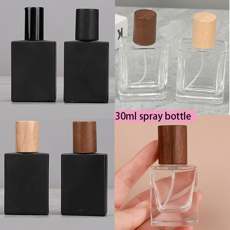 ขวดสเปรย์น้ําหอมเปล่า ฝาไม้ ทรงสี่เหลี่ยม ขนาด 30 มล. สีดําด้าน สําหรับเดินทาง