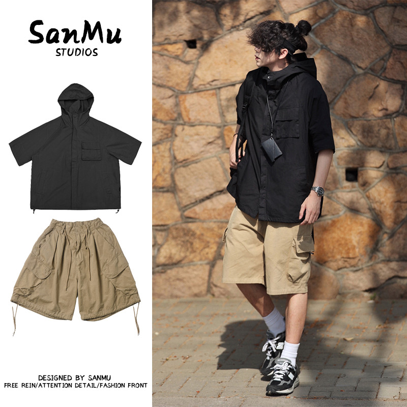 เสื้อเชิ้ตแขนสั้น มีฮู้ด และกางเกงขาสั้น พร้อมเชือกรูด สไตล์ญี่ปุ่นเรโทร สําหรับผู้ชาย
