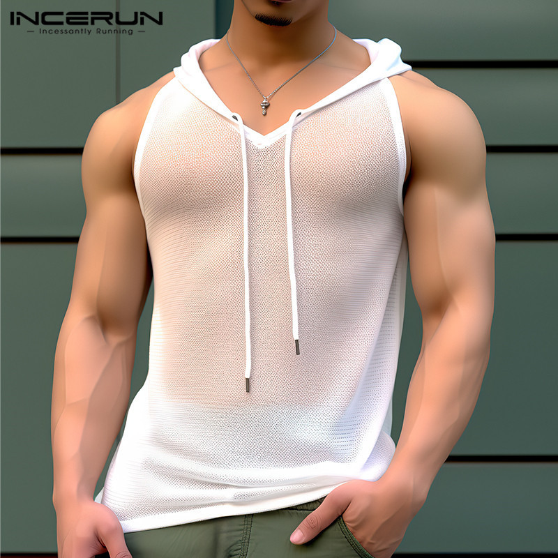 Incerun เสื้อกล้าม แขนกุด มีฮู้ด สีพื้น สไตล์วินเทจ แฟชั่นสําหรับผู้ชาย