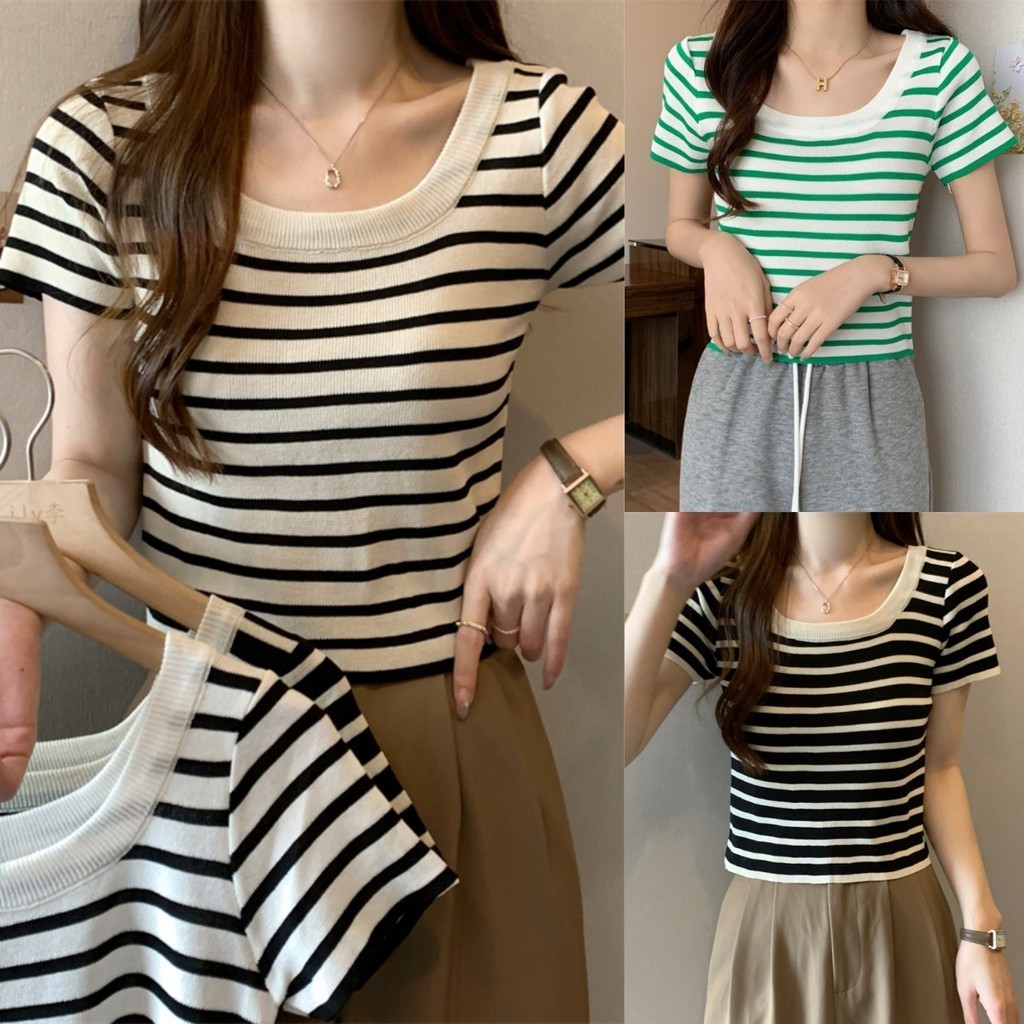 Kaekai พร้อมส่ง เสื้อยืด คอยู ผ้าไหมพรม ผ้านิ่มใส่สบาย ทรงเข้ารูป ดีเทลลายทาง