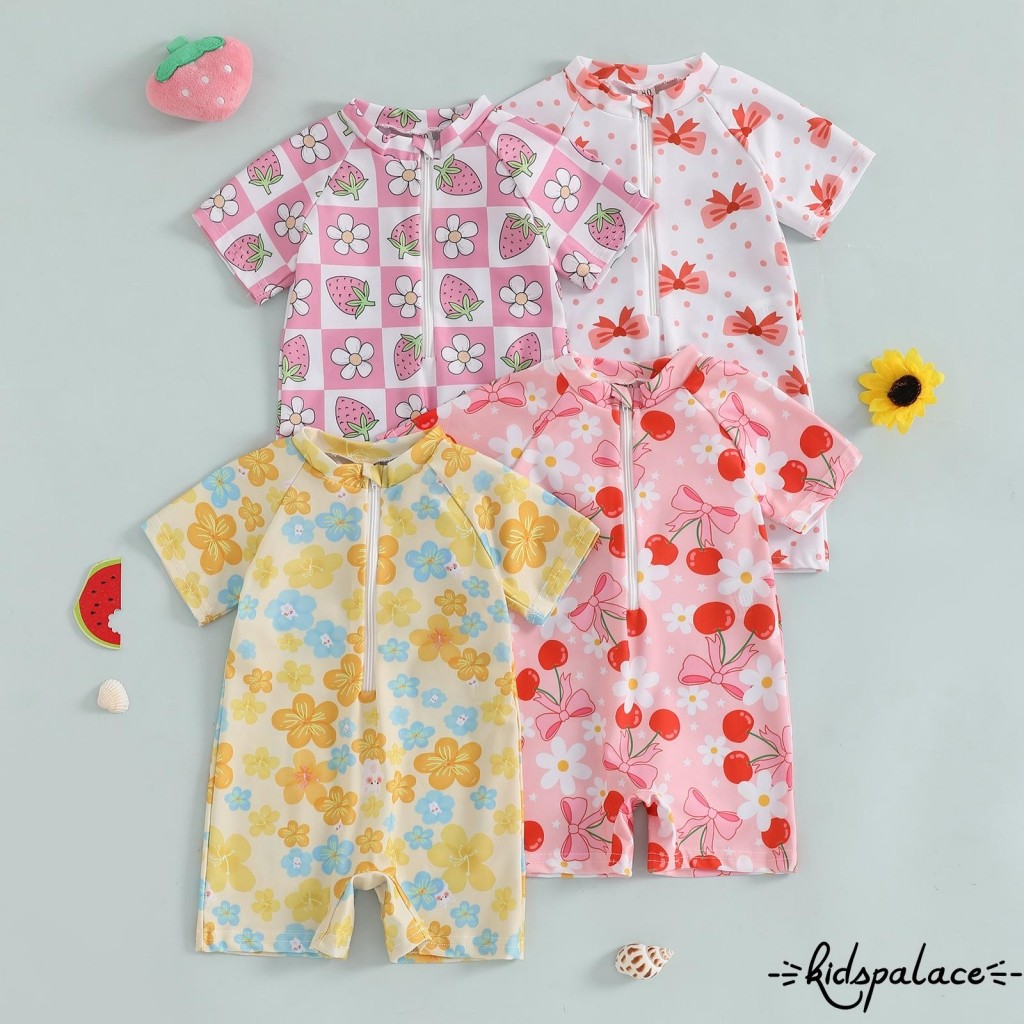 (จัดส่งในกรุงเทพฯ)-toddler Girl Rash Guard ชุดว่ายน้ํา Cherry/Bow Print Zipper Short Sleeve Zip Up ชุดว่ายน้ํา