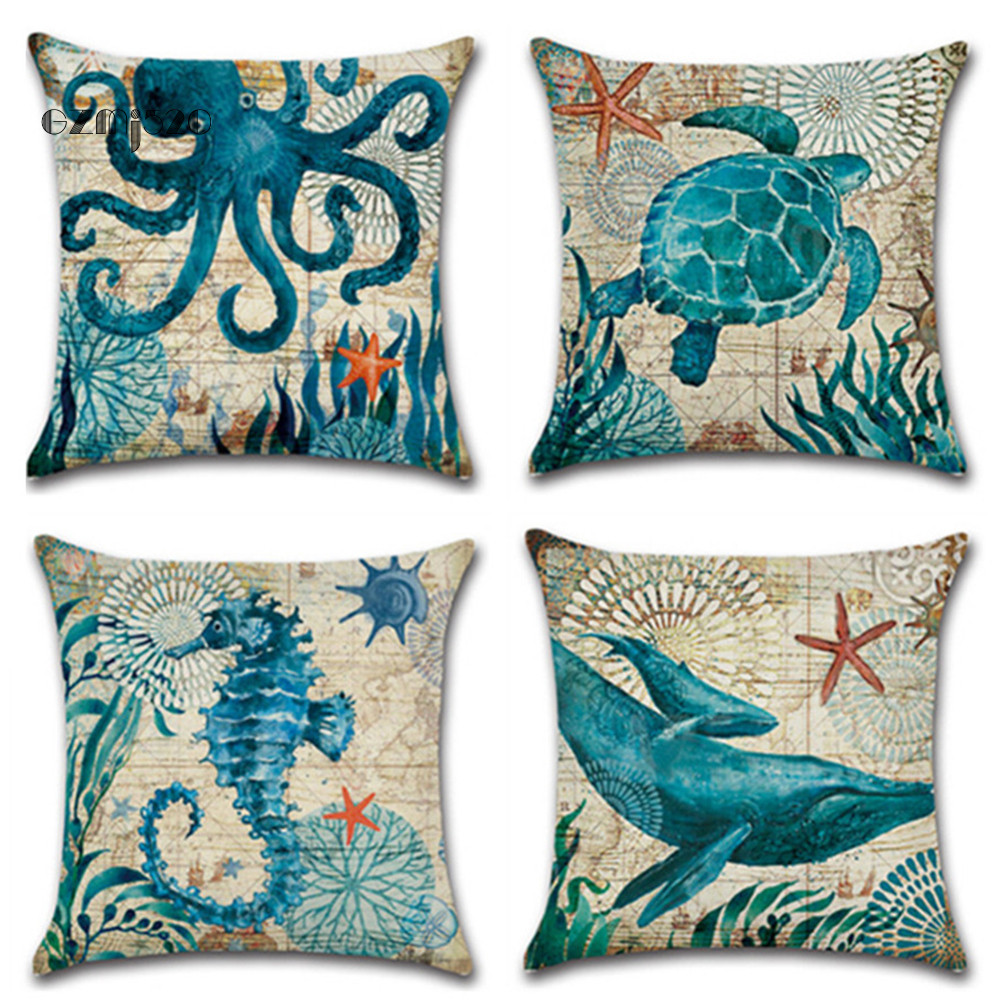 [GZMJ] Octopus Sea Turtle Whale Sea Horse Cushion Cover Throw Pillow Case Sofa Decor