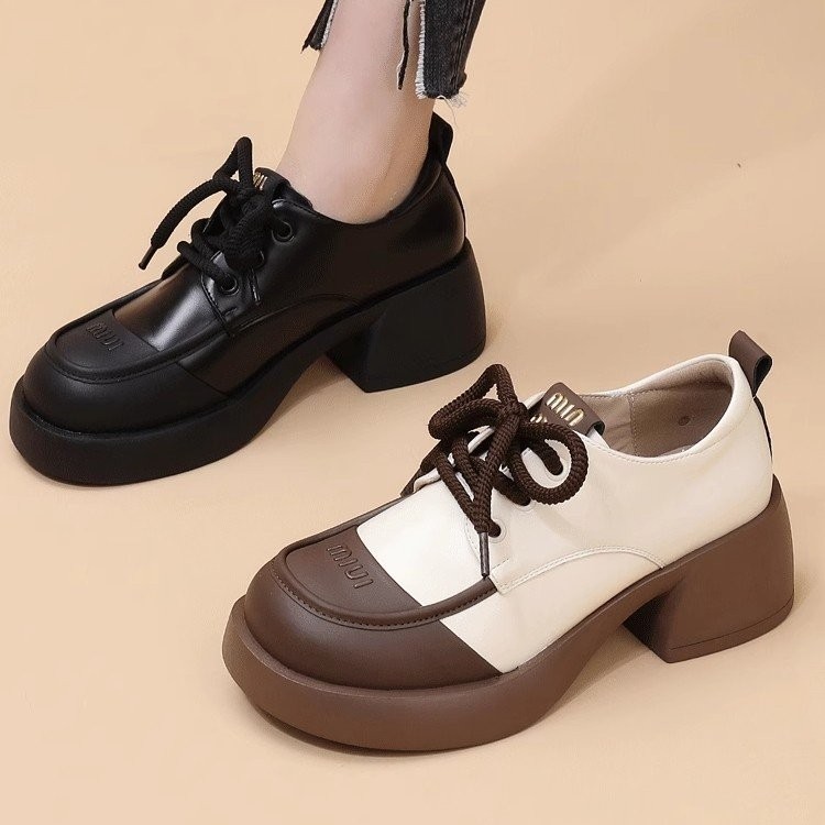 รองเท้าส้นสูงผู้หญิง สไตล์เกาหลี แฟชั่น ปลายกลม พื้นนุ่ม กันลื่น สีบล็อก แบบผูกเชือก รองเท้าหนังแบบสบาย ขนาด 35-40