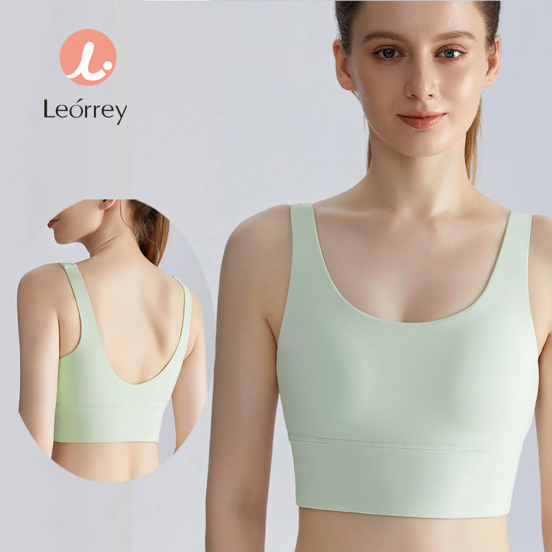 Leorrey-เสื้อชั้นในฟิตเนสโยคะแบบมีแรงกระแทกสูง คอวี บุนวมแบบถาวร ระบายอากาศได้ดี