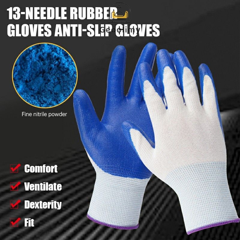 ถุงมือไนลอนหนา ถุงมือเคลือบยาง ถุงมือนิรภัย ถุงมือนิรภัย ถุงมือกันของมีคมบาด สีน้ำเงิน กันลื่น 1คู่ ✨Geoo