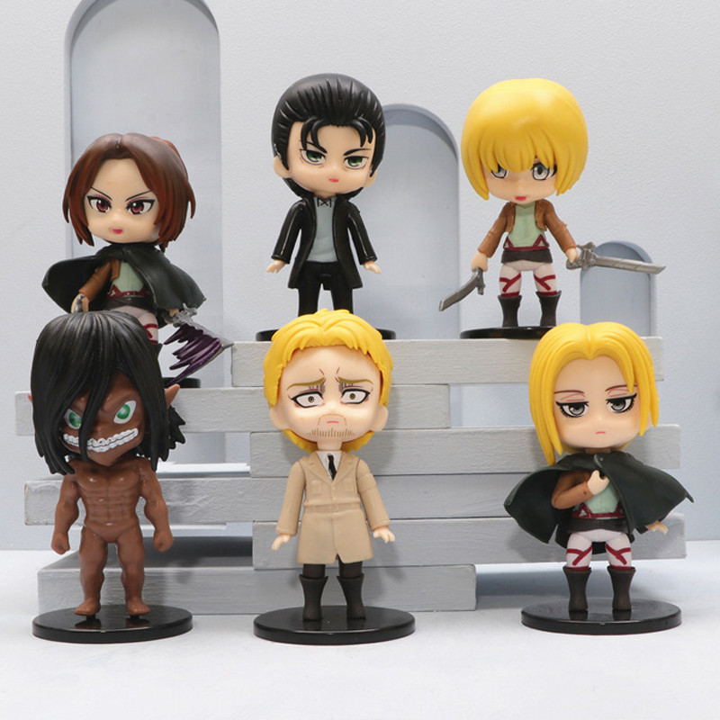 6 ชิ้น/เซ็ต 10 ซม.โจมตีบน Titan อะนิเมะรูป Mikasa Ackerman Armin Arlert Eren Jaeger Levi Ackerman รุ่น Q PVC ตัวเลขการกระทําตุ๊กตาของเล่น