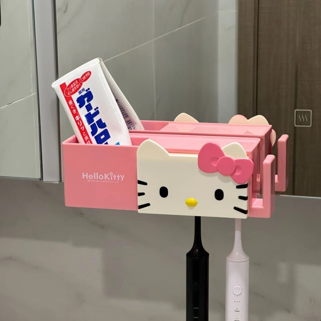 น่ารัก Hello Kitty แปรงสีฟันชั้นวางยาสีฟันกล่องเก็บของอเนกประสงค์ลายการ์ตูนสำหรับห้องน้ำไม่ต้องเจาะรู