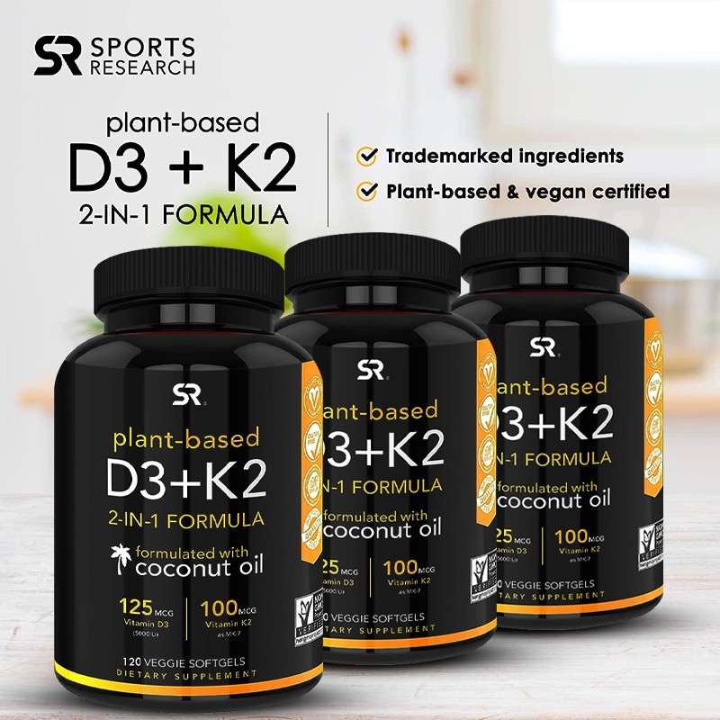 Vegan Vitamin D3+K2 Supplement with Organic Coconut Oil-5000iu Vitamin D with 100mcg Mk7 Vitamin K-S