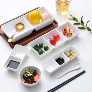 ถ้วยน้ำจิ้มเซรามิกสีขาว 2ช่อง 3ช่อง สไตล์มินิมอล สามารถเข้าไ…