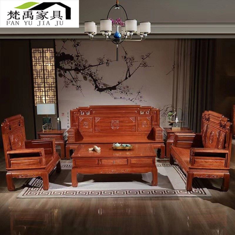 ชุดโซฟาไม้แกะสลักคลาสสิกจีน Huali Wood สำหรับห้องนั่งเล่นขนาดใหญ่ เหมาะสำหรับฤดูหนาวและฤดูร้อน โซฟาส