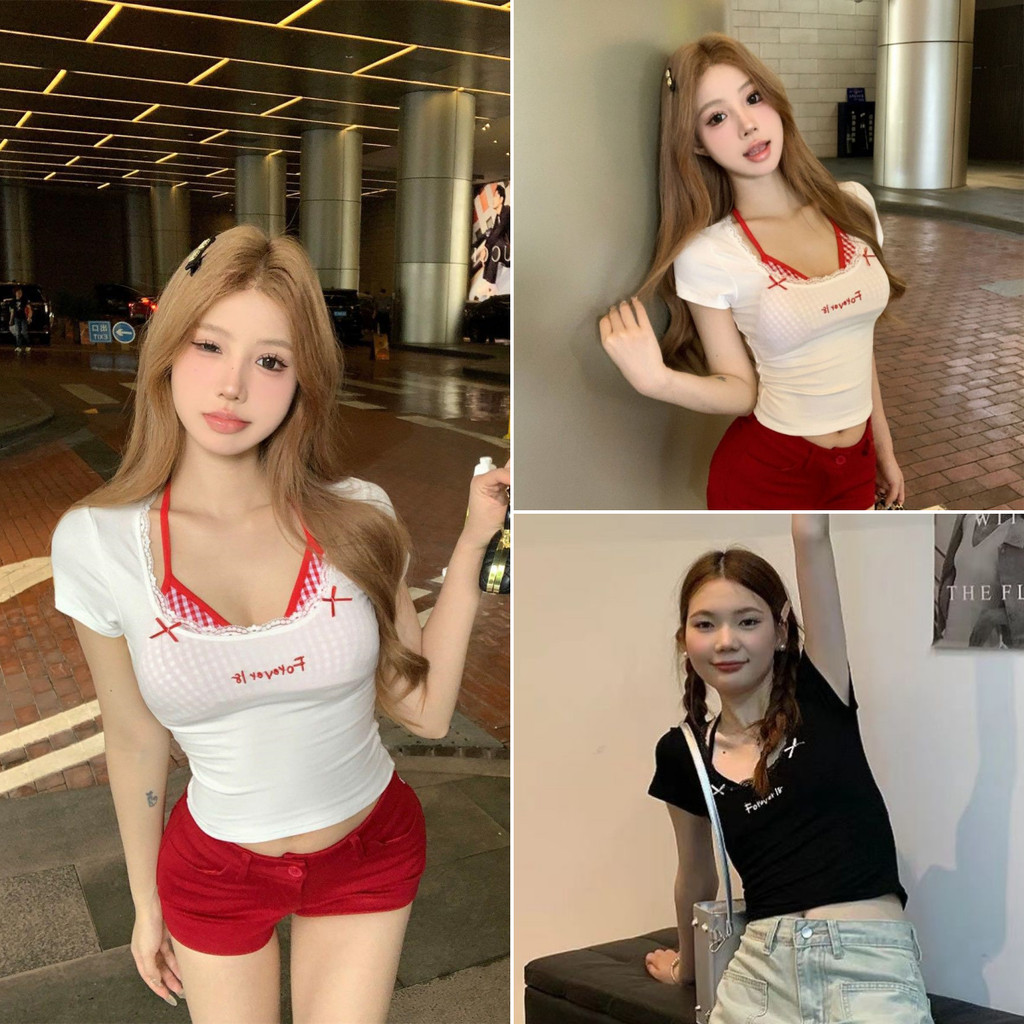 Bella Shop 🌻เสื้อยืดแขนสั้นเซ็กซี่บางเฉียบปลอมสองชิ้นสำหรับผู้หญิง เสื้อยืดคอเชือกแขวนคอลูกไม้หวาน