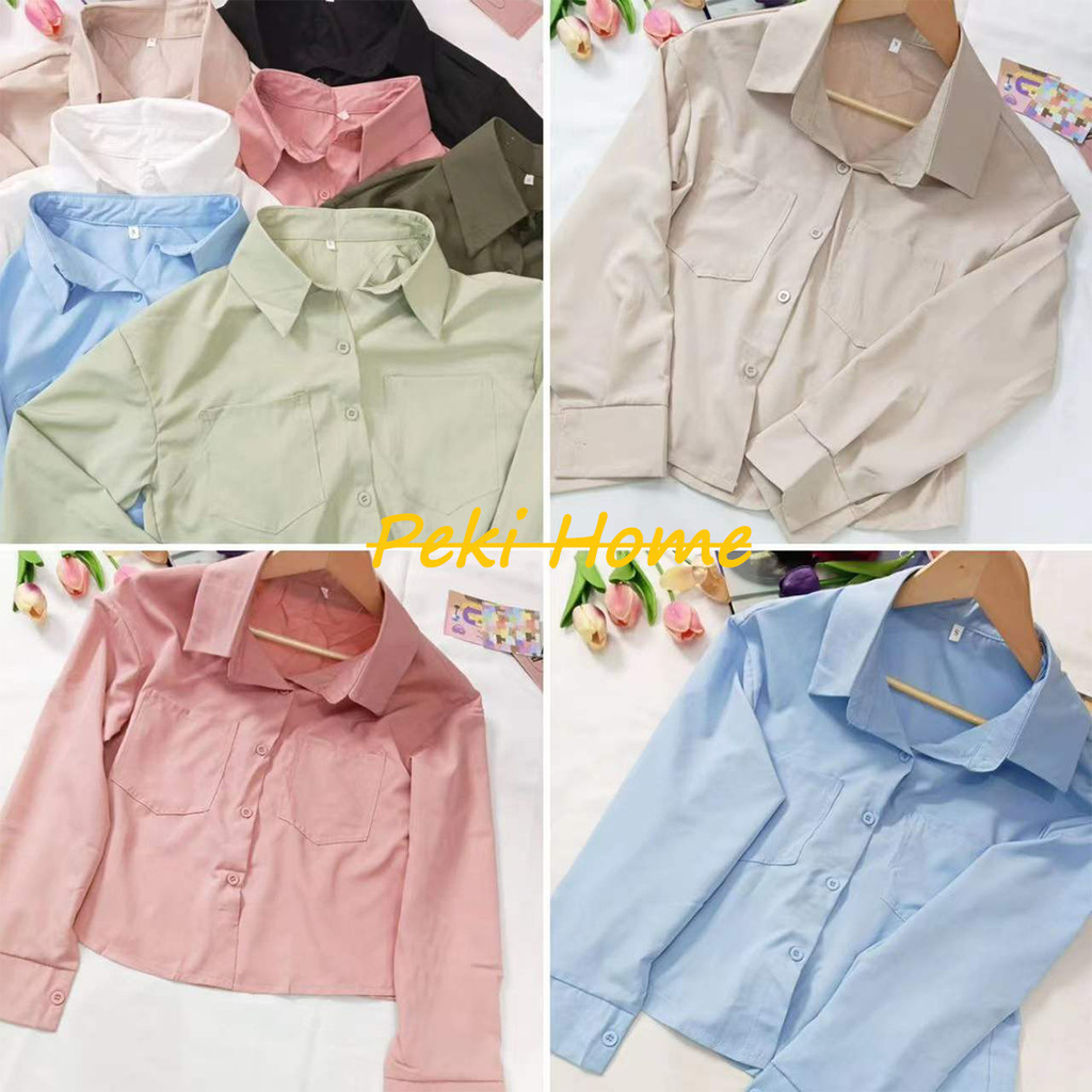 เสื้อเชิ้ตแขนยาว ทรงครอปเอวลอย แต่งกระเป๋าหน้า สีสันสดใส