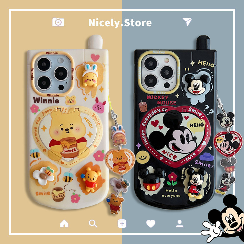 เคสโทรศัพท์มือถือ TPU ปิดด้านหลัง กันกระแทก ลายการ์ตูนมิกกี้ วินนี่ หมี 3D พร้อมขาตั้ง และกระจก สําหรับ iPhone 15 14 13 12 Pro Max 11